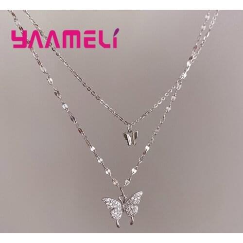 Korean 925 Sterling Silver Flash Diamond Butterfly Double Layer Necklace for Women Simple Crystal Elegant Wedding Jewelry Gifts