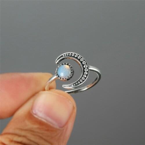 Female Cute Moon Ring Vintage Fashion Moonstone Opening Adjustable Rings For Women Men Silver Color Engagement Ring Boho Jewelry