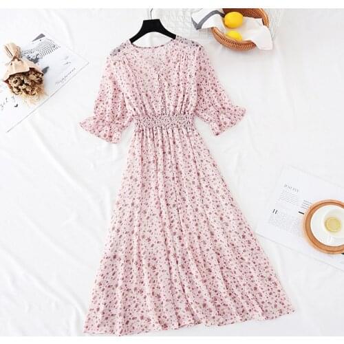 Women Retro Floral Dress Cross V Neck Single-breasted Slim Long Vestido Summer Elegant Chiffon Short Sleeve Dresses Femme