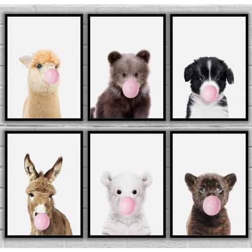 Bubble Chewing Gum Giraffe Alpaca Baby Bear Border Collie Donkey Black Panther Posters Canvas Art Painting Wall Art