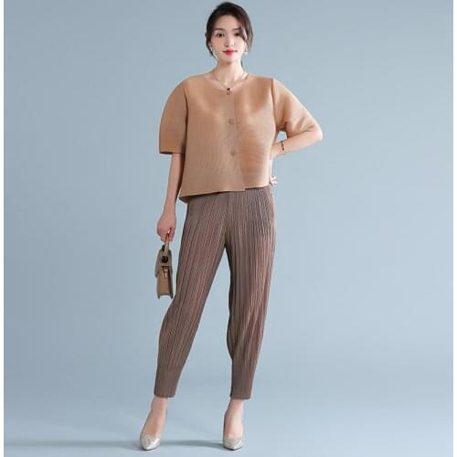 Miyak Pleated Loose 2 Piece Womens Round Neck Button Top Elastic Waist Trousers Solid Color Plus Size Ladies Casual Clothes Set