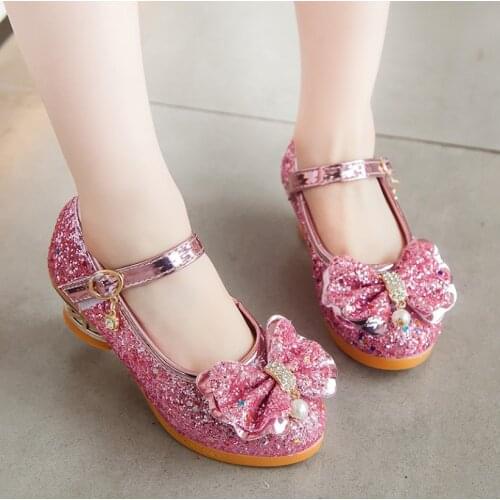 Princess Kids Leather Shoes for Girls Casual Glitter Children High Heel Girls Dance Shoes Butterfly Knot Blue Pink Silver Rose