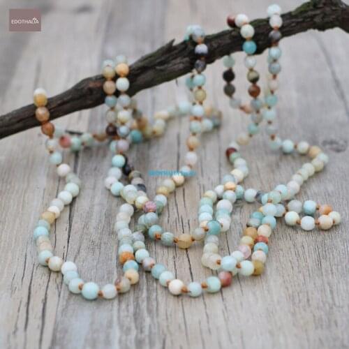 EDOTHALIA 6mm Faceted Amazonite Stone Knotted Beads Necklace For Women Girls Gift Statement 185cm Long Necklace Handmade Jewelry