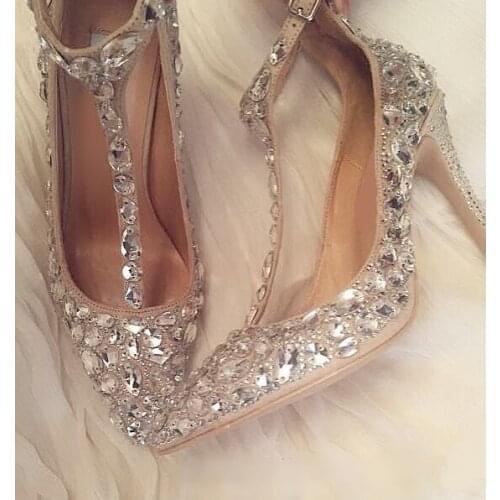 Elegant Rhinestone Embellished Pumps Women Shoes Pointed Toe T-strap Crystal Decor Stiletto Heels Wedding Bride Shoes