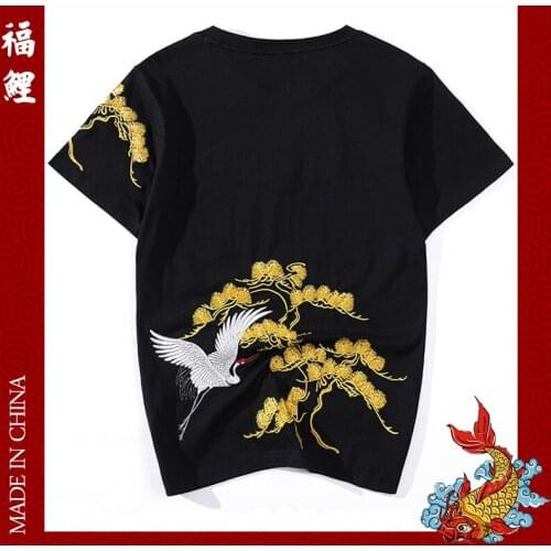Chinese style heavy industry embroidery Songhe Guochao cotton casual loose large size short sleeve T-shirt men