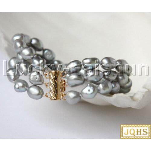 JQHS 8" 11mm 3Stretch Baroque Freeform potato gray pearls Beaded Strand knotted bracelet j11884