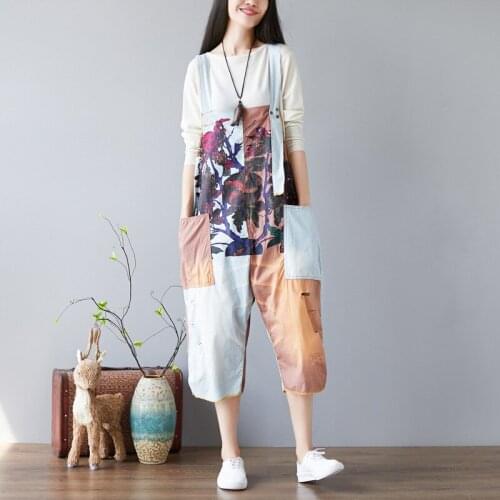 Women Printed Summer Light Print Patchwork Jumpsuits Overalls Pants Ladies Vintage Ripped Holes Rompers Trousers Female Printed