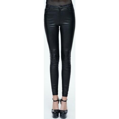 Devil Fashion PU Leather Women Summer Trousers Steampunk Solid Black Elastic Waist Stretch Long Leggings Hot Selling