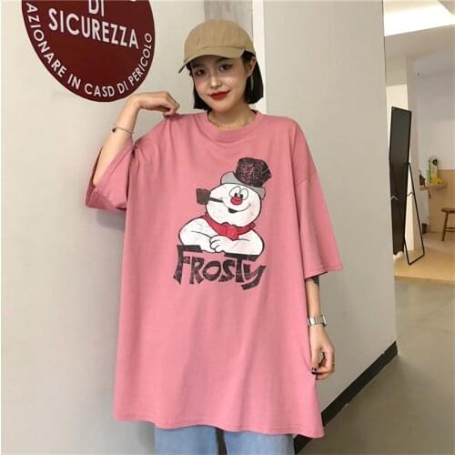 Summer loose cartoon print short-sleeved T-shirt all-match casual cute college style top T-shirt women