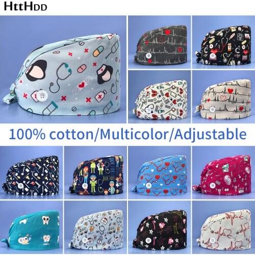 22003High Quality Breathable sweat-absorbent cartoon print scrub cap Pet grooming beauty salon lab work caps scrub hat Health-b