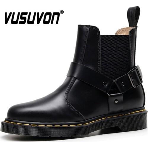 Men Chelsea Boots Vintage Genuine Leather Ankle Black Solid Outdoor Wedding Women Fashion Martin Hiking Shoes 34-46