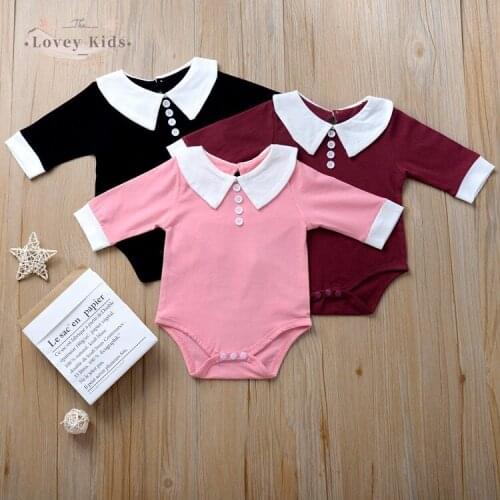 2020 Autumn Baby Girl Clothes Bodysuits Long Sleeve Solid Cotton Soft Peter Pan Collar College School Style Black Pink Red Color