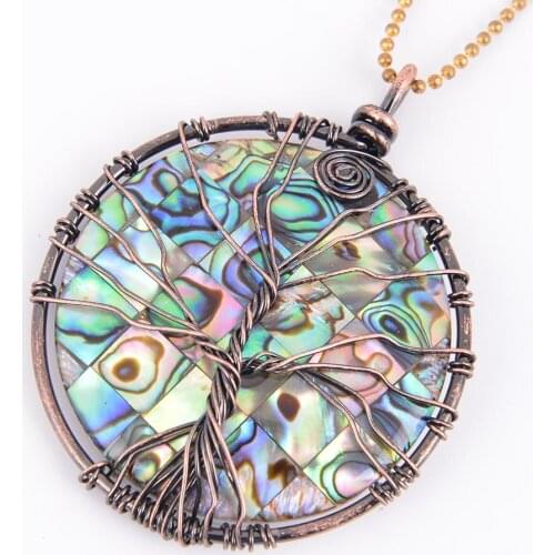 Natural Stone Round Abalone Shell Pendant Protective Copper Line Wrapped Tree of Life Necklace fit Women Fashion Jewelry D545