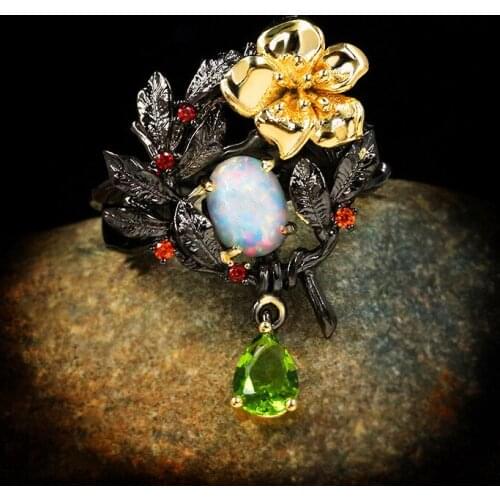 Luxury Female Green Zircon Stone Ring Charm 14KT Black Gold Wedding Rings For Women Vintage Oval Opal Flower Engagement Ring