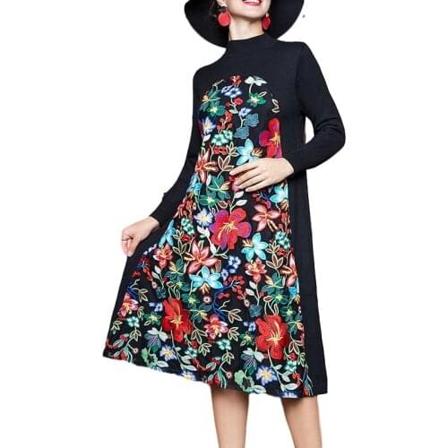 Knitted Lace Autumn Winter Embroidery Luxurious Robe Vacation Pastel Elegant Retro Boho Flower Plus Size Dress Women Ukraine