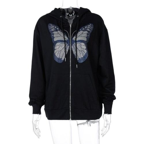 Y2K Fashion Oversized Butterfly Graphic Rhinestone Zip Up Hoodies E-girl 90s Streetwear Diamond Grey Long Jacket Autumn hoodie