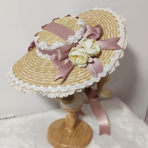 Japanese Lolita Sweet Handmade Straw Sun Hat Lace Patchwork Ribbon Bandage Bowknot Wide Brim Elegant Tea Party Flat Cap