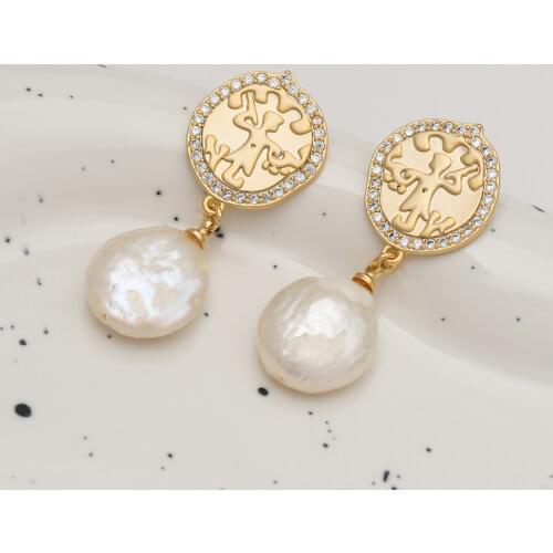 S925 Silver Ear Needle Stud Earrings Natural Baroque Pearl With Zircon Brass Coin W/14k Real Gold Jewelry for Women HYACINTH