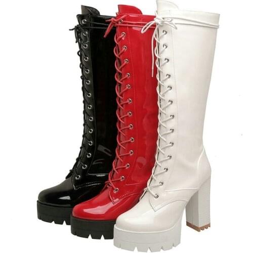 Black White Red Women Knee High Boots Platform Square High Heel Ladies Motorcycle Boots Patent PU Leather Women Lace Up Boots