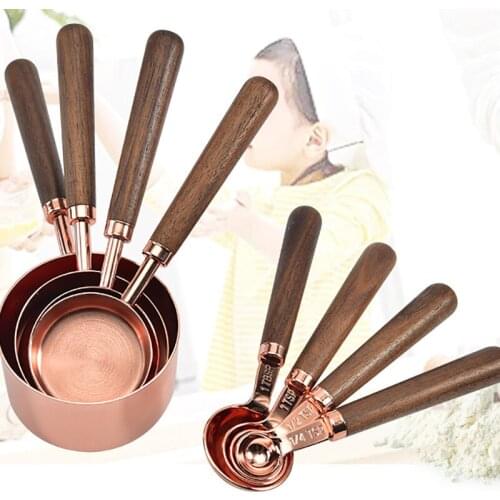 4Pcs/Set Measuring Cups Spoons Stainless Steel Plated Copper Wooden Handle Cooking Baking Tools Rose Gold Kitchen Accessories