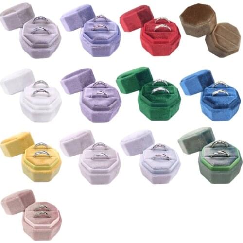 Antique Octagon Velvet Ring Box Double Ring Display Holder with Detachable Lid Ring Box Holder for Wedding Ceremony