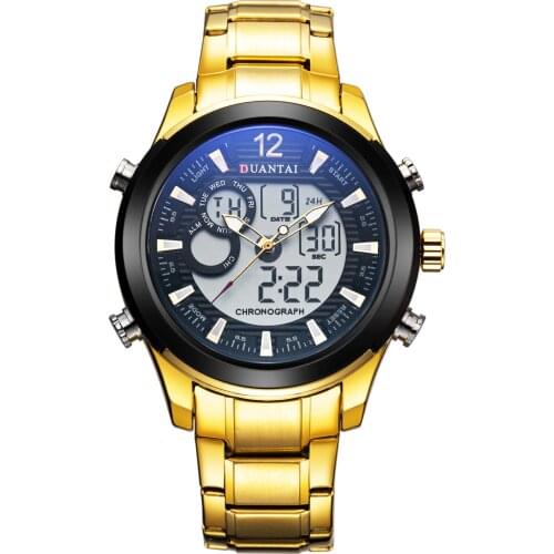 Duantai Steel Belt Multifunctional Double Movement Mens Watch Electronic Watch Sports Watch Waterproof Luminous Quartz Watch
