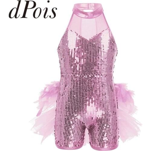 Kids Girls Dance Costume Sequins Mock Neck Back Ruffled Ballet Gymanstics Leotard Jumpsuit Dance Wear Latin Dance Clothing