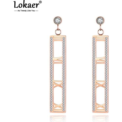 Lokaer New Roman Numerals Design Long Earrings Rose Gold Stainless Steel Cubic Zirconia Stud Earrings Jewelry For Women E19018