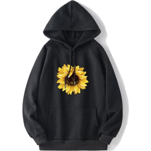 Dropshipping Good Quality Sunflower Hoodies Sweatshirt Women Autumn Winter Pullover Hooded Plush Thick Coat Long Tops Streetwear