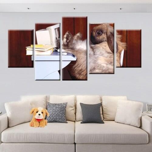 HD Print Super Cute Puppy Play Computer Picture Poster Canvas Painting 5 Panel Wall Art Childrens Room Mural