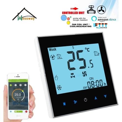 HESSWAY EU mounting 2Pipe 4pipe cooling heating digital programmable room thermostat switch for NC/NO valve and 3 speed fan