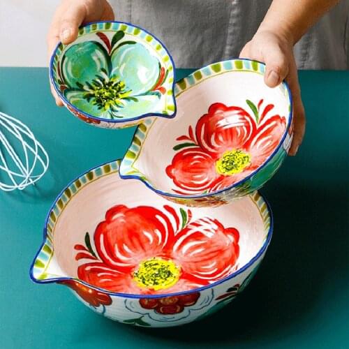 Ceramic bowl kitchen egg beating bowl hand-painted tableware household mixing bowl salad bowl restaurant sharp-mouthed bowl