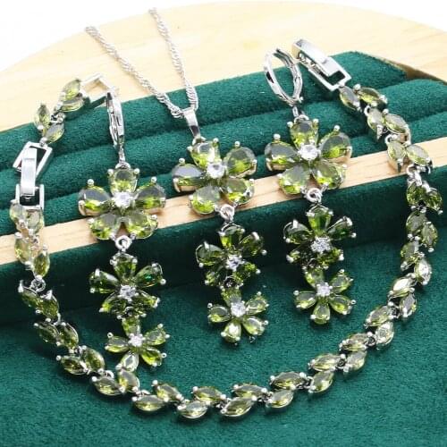 Flower Shape Green Peridot Silver Jewelry Sets For Women Bracelet Long Earrings Necklace pendant Ring