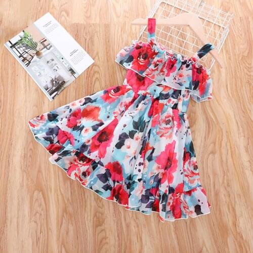 8 Style Kid Girls Princess Summer Dress Clothes Floral Printed Clothes Ruffle Off Shoulder Sleeveless Strap Children Dress