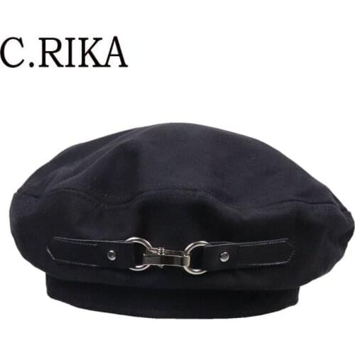 Fashion Leather Buckle Black Beret Women Autumn Winter Japanese Vintage Painter Hat Lady Girl Travel Warm Beret Hat French Hat