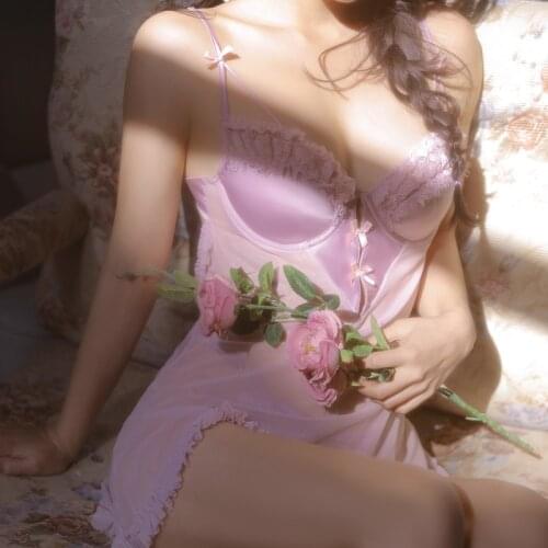 With Chest Pad Mesh Sling Nightdress Sexy Lace Ruffles Bra Beauty Back Nightwear Private Room Style Temptation Women Nightwear