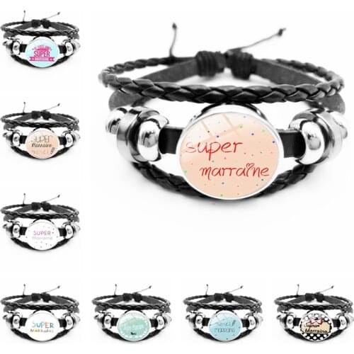 New Super Marraine Parrain Glass Convex Snap Black Handmade Bracelet Personalized Je Suis Une Maman French Word Bracelet Jewelry
