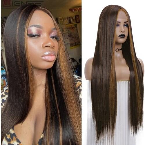 Wignee Straight Wig With Brown Highlights Long Wig Middle Lace Wig Synthetic Hair Heat Resistant Wigs For Women Cosplay Hair