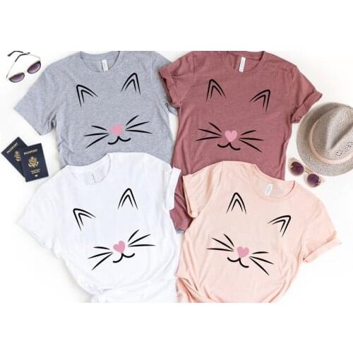 I Love Cat Lover Cute Cat Face Swea tshirt Women Cotton Kawaii Fashion Shirt Plus Size O Neck graphic Mama T-shirt Short Sleeve