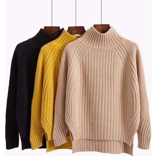 High Neck Sweater Female Autumn Winter Pullover Loose Sweater Korean Black Long Sleeve Front Short Long Thick Bottoming Shirt
