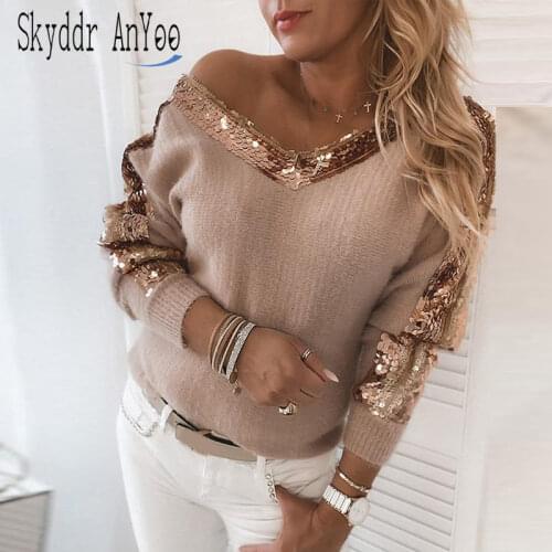 Fashion Womens 2020 Autumn Winter Sequin Sweaters For Women V-Neck Casual Female Jumper Long Sleeve Ladies Pullovers Tops