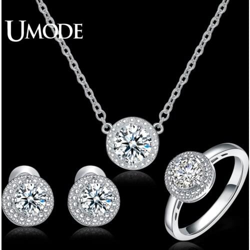 UMODE Wedding & Engagement Jewelry for Women White Gold Color Round CZ with Necklaces & Earring & Ring Sets Gift US0043