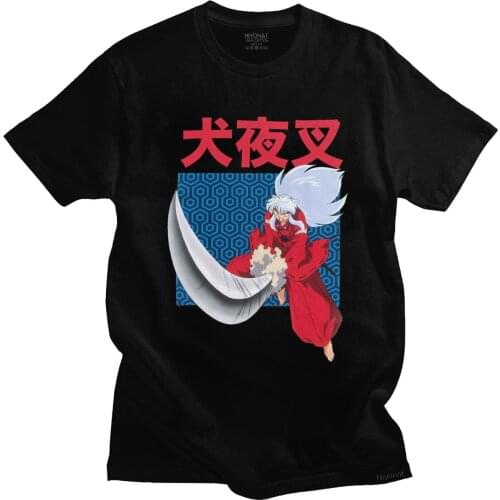 Vintage Feudal Demon Inuyasha Tshirt Men Short Sleeve Cotton Anime Cartoon Tessaiga Tshirt Sesshoumaru Higurashi Kagome Tee Top