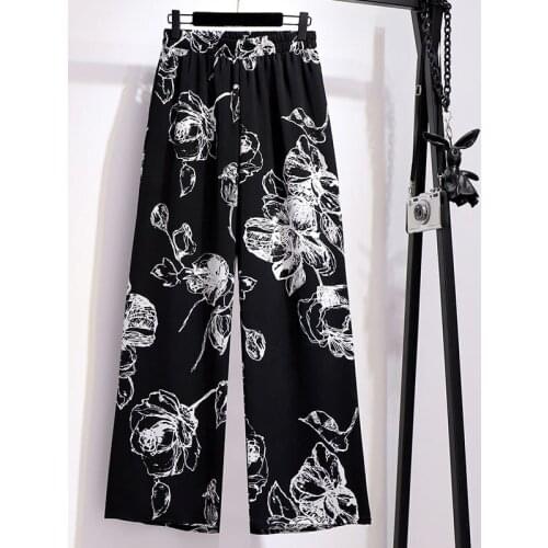 New 2021 summer plus size flare pants for women large loose wide leg floral print black long trousers 3XL 4XL 5XL 6XL 7XL FT528