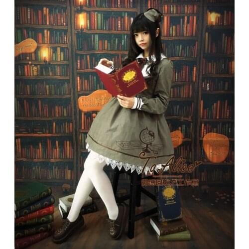 Detective Cat Womens Preppy Style Neck Tie Long Sleeve Lolita Dress Striped Peter Pan Collar Lace Trim Hem One Piece Cute
