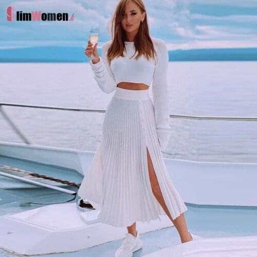 Women Slim Fit Crop Tops Women Autumn Elegant Sweater Outfits Knitting Cashmere Pullover and Pleated Split Skirt Two Piece Set