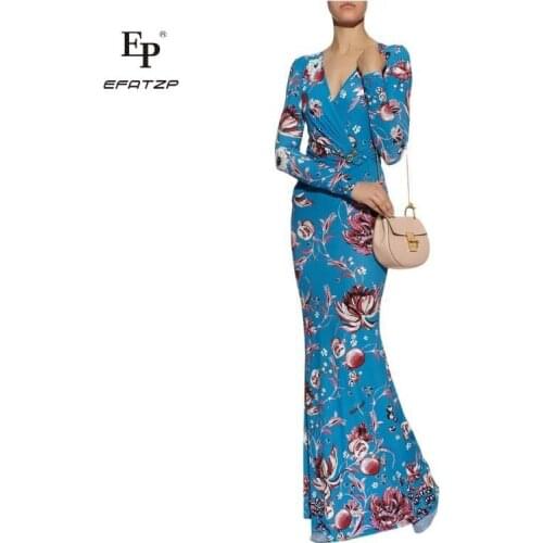 New Fahion 2018 Designer Luxury Maxi Dress Womens V-neck Long sleeve Flowers Print XXL Stretch Jersey Silk Spandex Long Dress