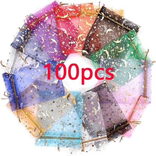 100pcs Assorted Color Organza Gift Bags with Drawstring Gold Moon Star Print Mesh Jewelry Pouch Sachet Bags Party Wedding Favor