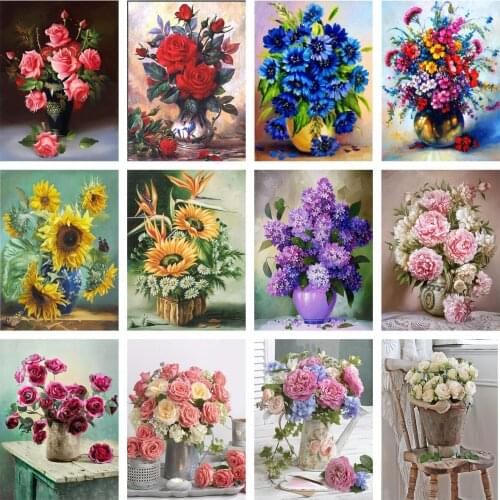 5D Brand New DIY Diamond Painting Rose Flower Round Diamond Mosaic Cross Stitch Set Stool Vase Home Decoration Handmade Gift