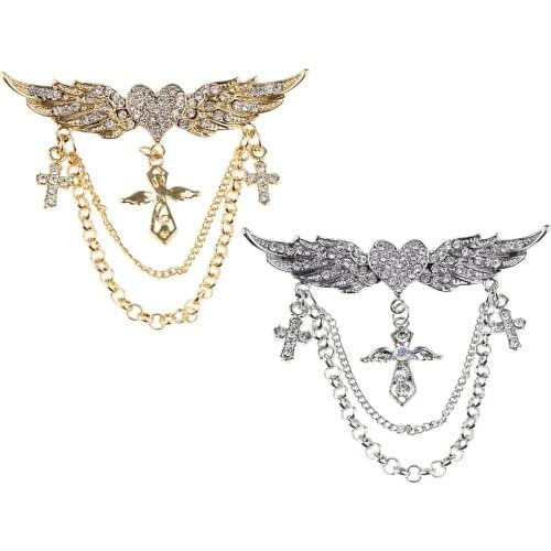 Angel with Heart Cross Pendant Rhinestone Tassel Blouse Collar Pin